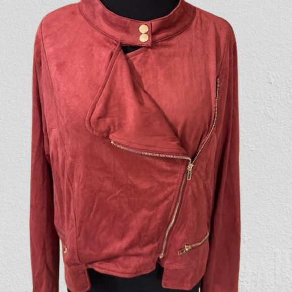 Burgundy Faux Suede drape front Moto Jacket - Picture 2 of 11
